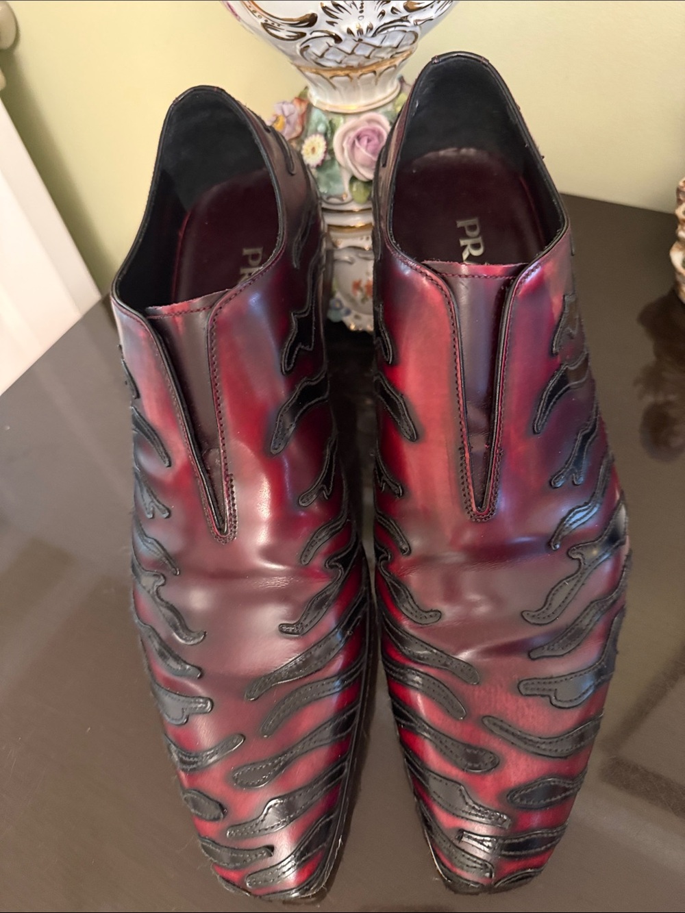 Prada Men's Red Burgundy and Black Leather Slip-On Dress Shoes